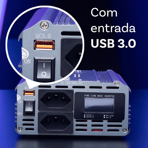 Kit Inversor 12v Para 110v 1000w Onda Senoidal Pura Pico 2000w Painel Led Com Indicador Botão Liga/desliga Tripla Proteção Tomada Universal Acompanha Garra De Jacare 100a Brinde