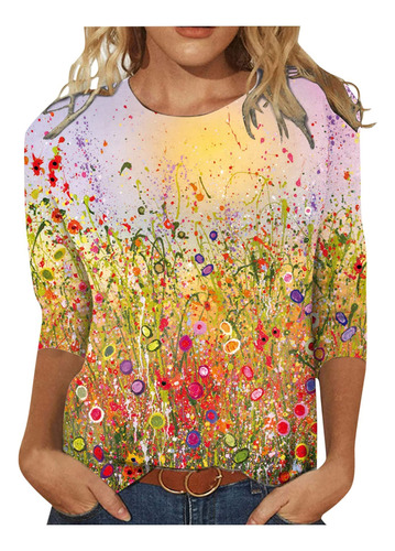 Blusa Verano Para Mujer Ajuste Patron Pintura Paisaje Cuello