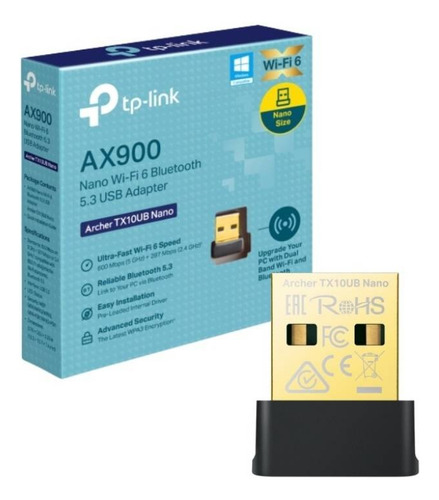 Adaptador Placa de Rede USB Wi-Fi 6 e Bluetooth TP-Link Archer TX10UB Nano AX900
