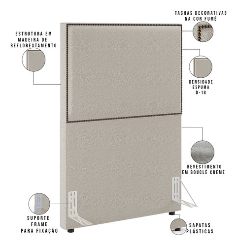 Cabeceira Box Solteiro Tachas 100 Cm Vicenza Bouclê Creme