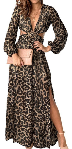 Vestido De Noche Con Manga Larga Falda Grande Leopardo