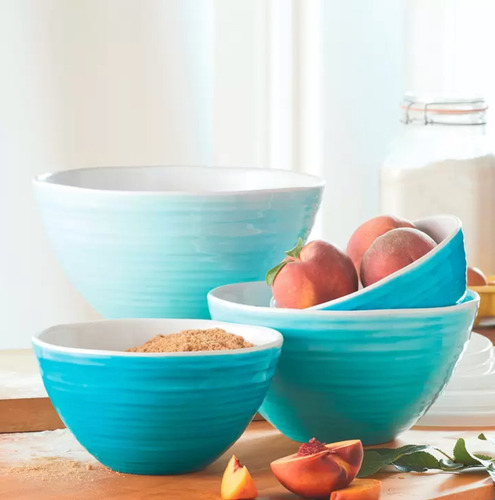 Juego De Tazones Bowls Recipientes De Melanina Con Tapa. Color Agua