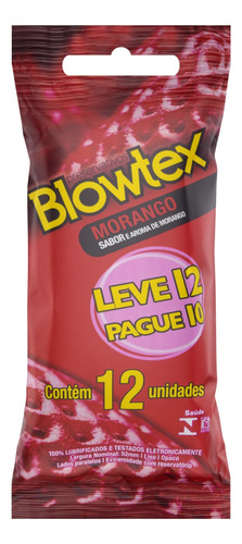 Preservativo Lubrificado Morango Blowtex Pacote Leve 12 Pague 10 Unidades