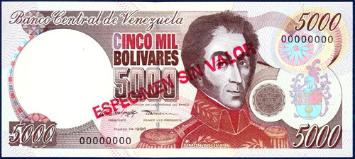 Billete Espécimen Sin Valor 5000 Bolívares Marzo 14 1996