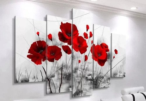 Quadro Decorativo 5 Peças Sala Quarto Flor Papoula Vermelha