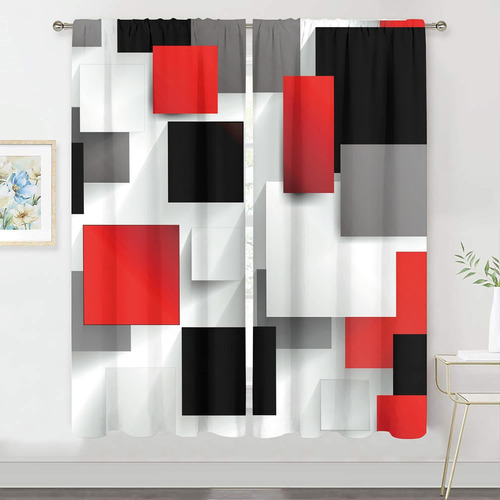 Red Black Grey Geometric Curtains 42 W X 63h Inch Rod  