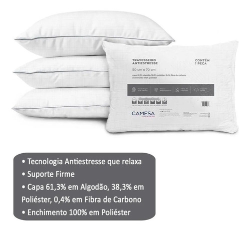 Kit 2 Travesseiro Antiestresse Camesa Suporte Firme 50 X 70