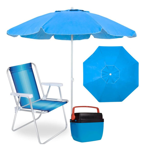 Cadeira De Praia + Guarda Sol Azul Bahia 2 M + Cooler 12 L