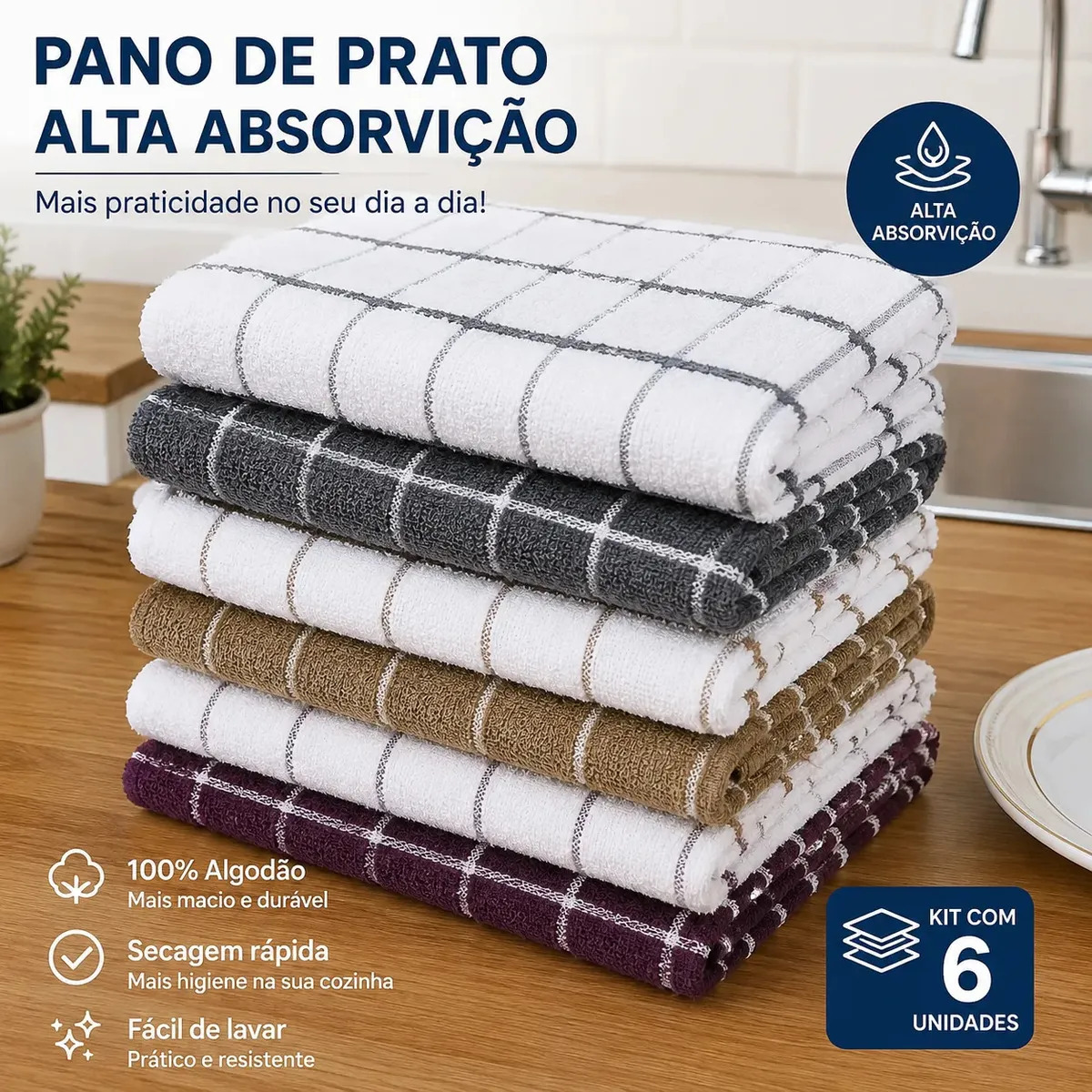 Jogo Pano De Copa Teka Atoalhado Chef Kit 6 Peças Cor Xadrez