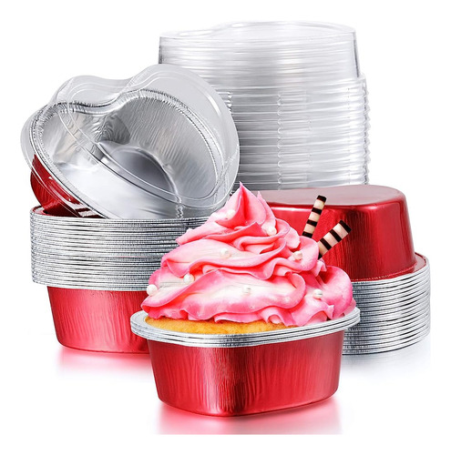 Aluminio Foil Cake Pan Heart Shaped Cupcake Cup Con Tapas 10