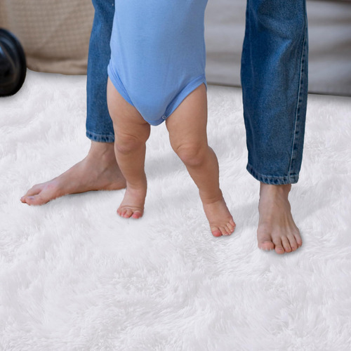 Alfombra Moderna Blanca Pelo Largo Dormitorio Mmg
