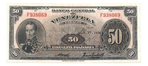 Billete De 50 Bs Abril 1958 F6 Xf