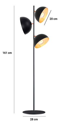 Lampara De Pie Orientable Moderna Campana 3 Luces Led E27 Estructura Negro Pantalla Negro/Cobre