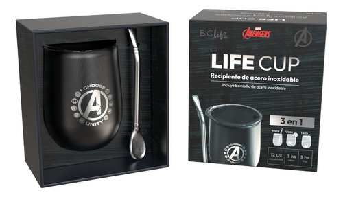 Mate-vaso-taza 3en1 Avengers Lifecup Bombilla Acero Oficial