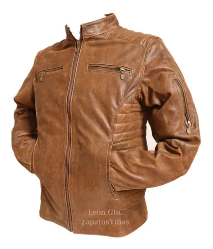 Chamarra De Piel Hombre Motociclista Slim Cuero Cafe Cuotas sin
