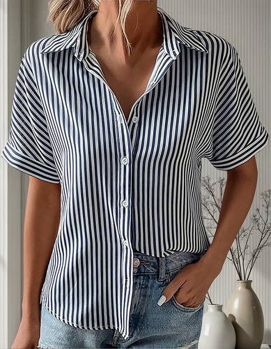 Camiseta De Algodón De Manga Corta A Rayas Con Cuello Vuelto