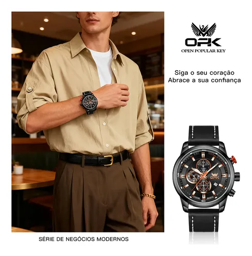 Opk Relógio Masculino Original Couro Preto Quartzo 6083