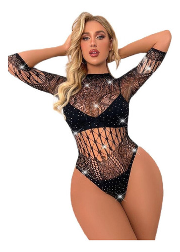 Body Manga Larga De Malla De Red Negra Con Lentejuelas Ce126