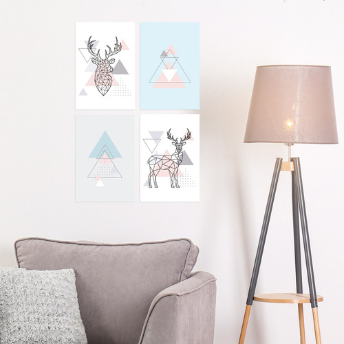 Imagem 2 de 5 de Kit Placas Decoração Minimalista Alce Cinza E Rosa 30x40cm