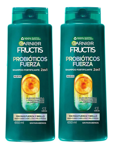 2 Shampoo 2 En 1 Garnier Fructis Probióticos Fuerza 650ml