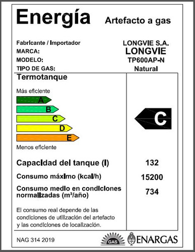 Imagen 4 de 7 de Termotanque A Gas Longvie Potenciado 132 Litros Tp600ap-n
