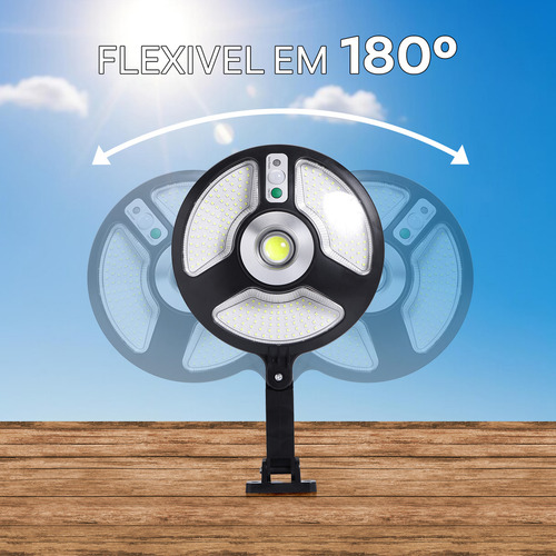 Refletor Holofote Luminaria Led Solar Publica Recarregável 150w Proteção IP66 COB e SMD Sensor De Movimento Cobre Área de 100m² Acionamento Automático 3 Níveis De Luminosidade 6500K Autonomia Até 15h