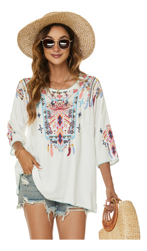 Camisa Bordada Mexicana Para Mujer, Top De Estilo Bohemio