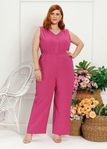 Imagem 1 de 4 de Macacão Feminino Plus Size Pink Festa