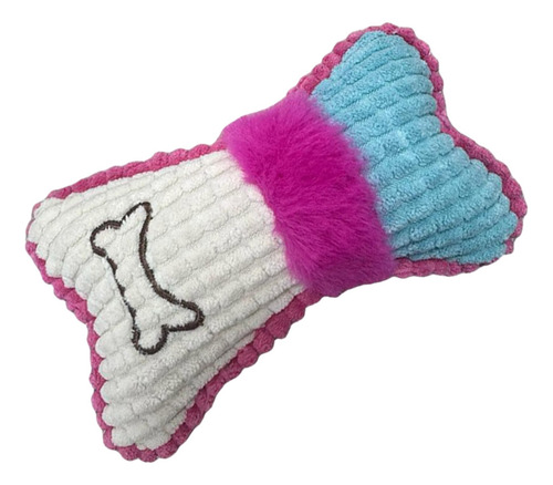 2 Brinquedos Mordedor Pelúcia Resistente Apito Cachorro Gato Cor Azul E Rosa Desenho Bala E Osso