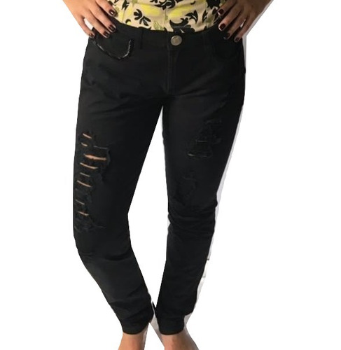 Calca Skinny Justa Jeans Feminina Preta Rasgada Sarja Hot  