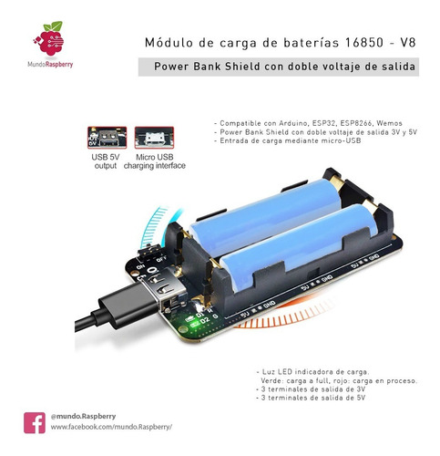 Shield Modulo Power Bank Baterías Litio 18650 V8 Arduino Esp