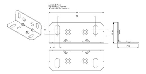 Imagem 2 de 2 de Kit 100 Cantoneira 4 Furos Aço 1,75 X 1,75 X 4,6cm Zincado