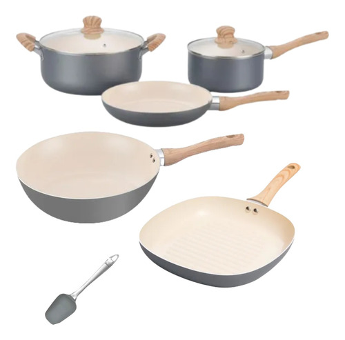 Set Hudson Original Gris Gray 7pz Cerámica Bifera Wok 