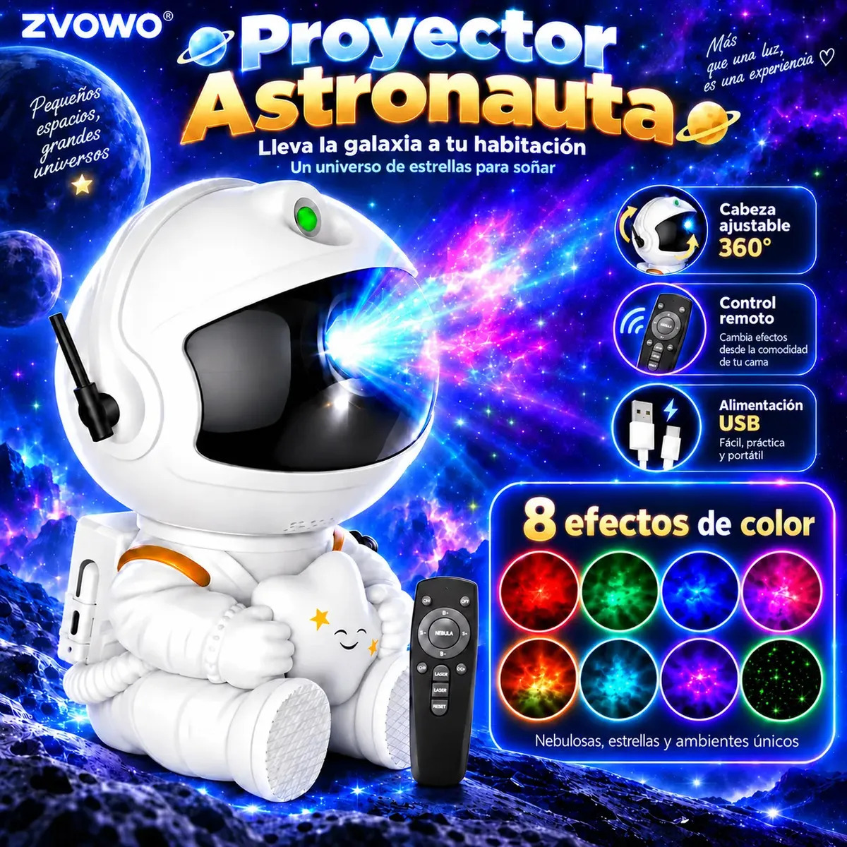 Proyector Galaxia Astronauta LED con Luz de Estrellas y Nebulosa Lámpara Nocturna Infantil, Rotación 360° Control Remoto Efectos de Colores para Dormitorio Fiesta Regalo ZVOWO