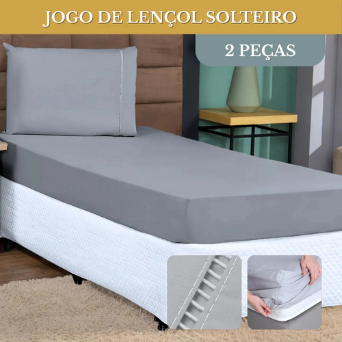 Jogo De Lençol Cama Solteiro 02 Peças 400 Fios Ponto Palito Toque Macio e Acetinado Cor Cinza