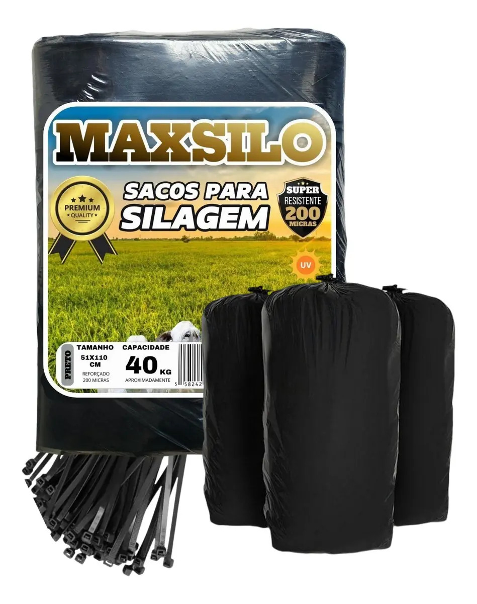 Saco Silagem MAXSILO Polietileno Preto 52x110cm 200 Micras 100 Unidades