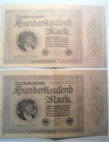 2 Billete Antiguos De 100000 Marcos Alemanes - 1923 (Usado)
