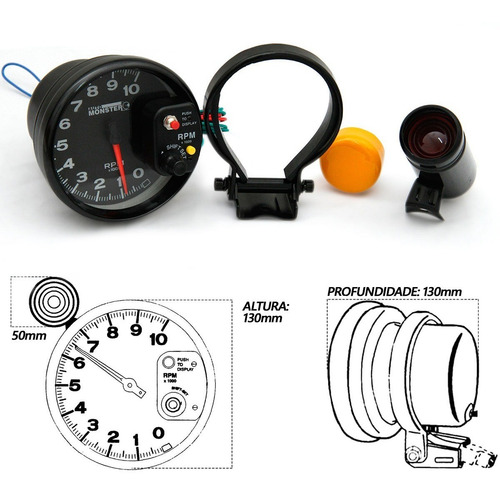 Conta Giro Automotivo Rpm Monster Led 7 Cores Preto Prata