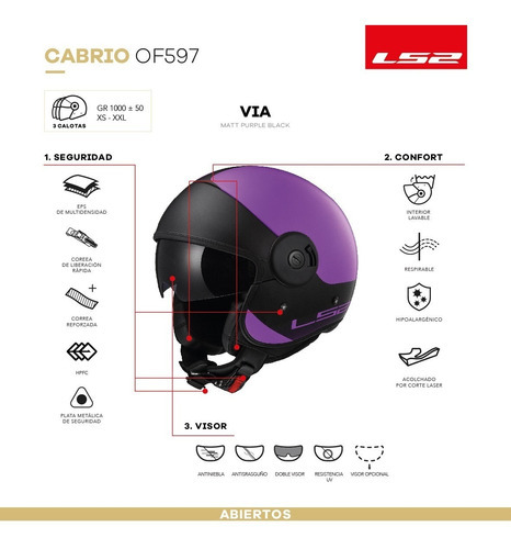Casco Moto Abierto Ls2 597 Cabrio Via Violeta Negro Mate Tamaño del casco L