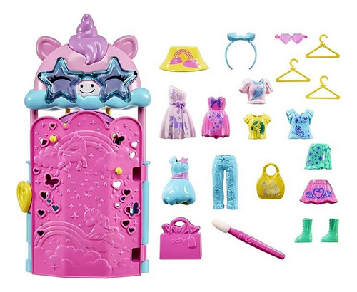 Playset Conjunto Boutique Loja De Moda Do Unicórnio - Acompanha Boneca Menina Loira Polly Pocket E Negra Shani Com Acessórios Roupa Roupinha Que Mudam De Cor Com Água - Mattel Brinquedos