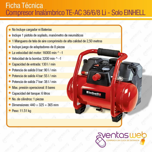 Imagen 9 de 10 de Compresor Inalambrico Einhell Te-ac 36 6 Lts 8 Bares Solo