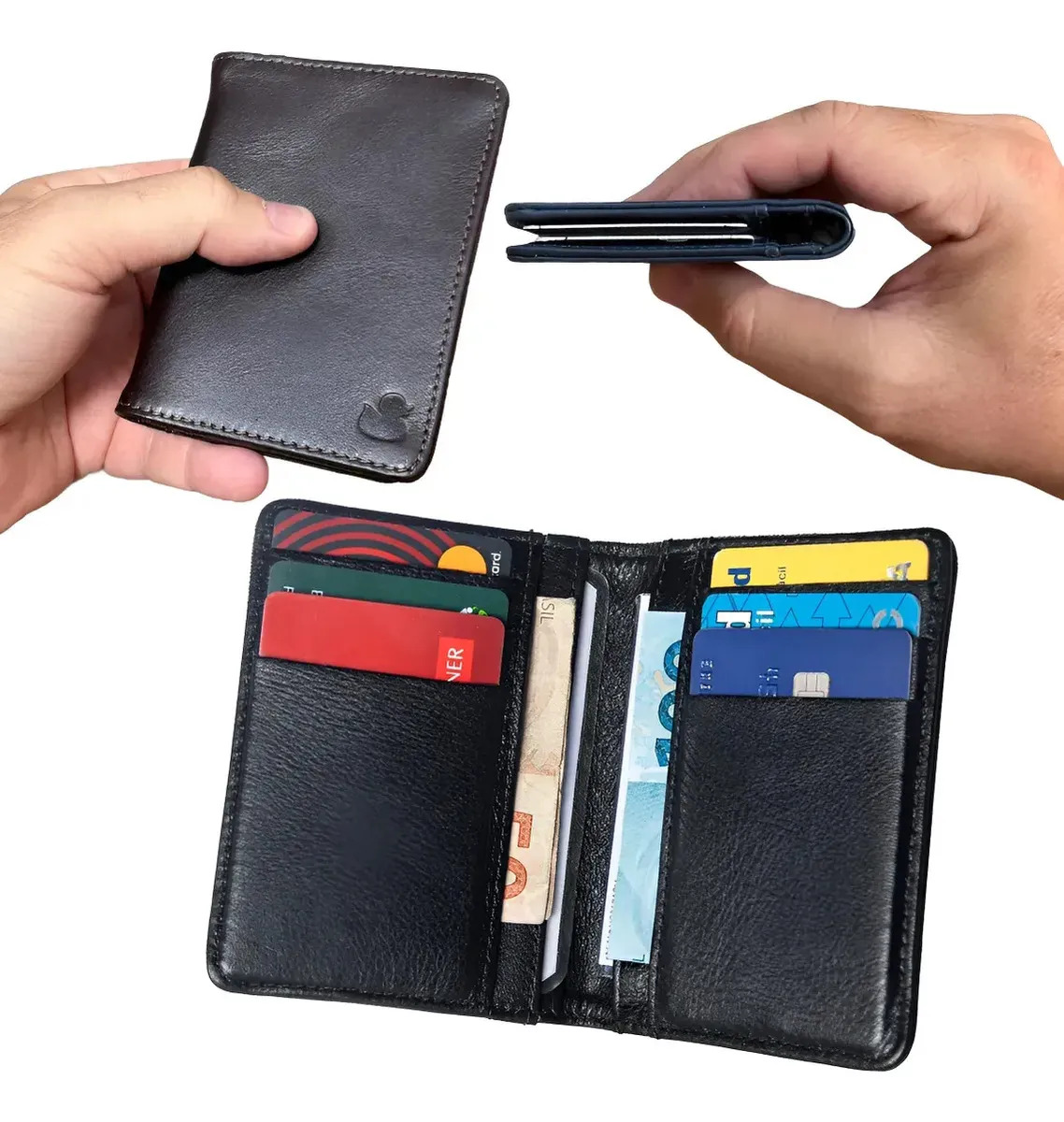 Carteira Masculina De Couro Porta Cartão Slim Cnh E Dinheiro Cor Dark black Desenho do tecido Liso