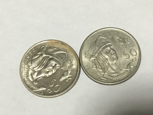 2 Monedas 50 Centavos Cuauhtémoc 1950 Y 1951
