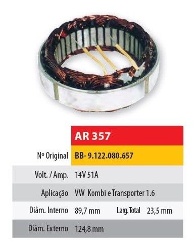 Estator 12v 51amp Volkswagen Fusca/kombi (89,7x124,8x23,5)