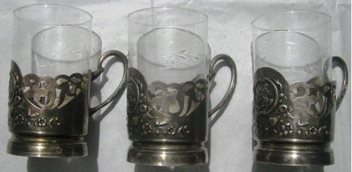 3 Vasos Vidrio Tallado Con Soporte Platina Calada Sellados