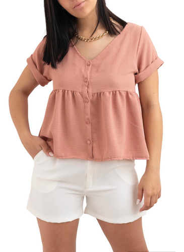 Blusa Manga Corta De Cey Lino Escote En V Con Botones