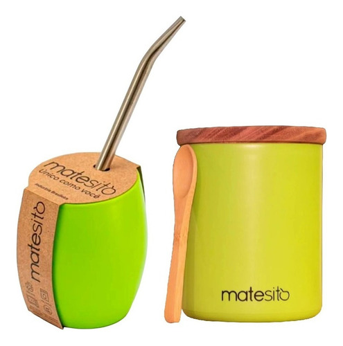 Kit Matesito Cuia E Bomba + Porta Erva Chimarrão Tereré Cor Verde Neon