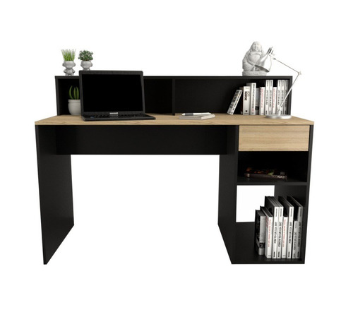 Imagen 2 de 4 de Mobilarg Escritorio Mesa Multifuncion Con Repisa 1 Cajon + Estante Pc Hogar Oficina Home Office Melamina Olmo Con Negro 135x60 Producto Nacional Articulo 3049