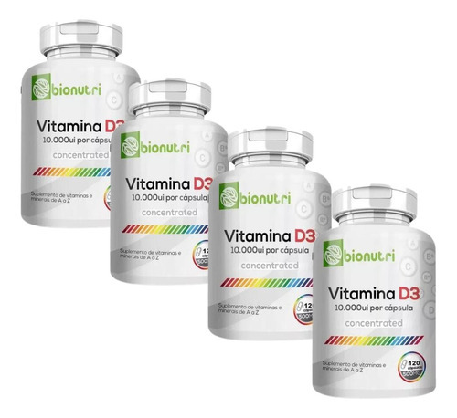 4x Vitamina D3 10.000ui Cáps Pura 480cás 8 Meses Tratamento Sabor Sem Sabor
