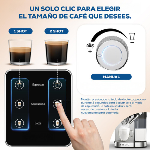 Cafetera Espresso Latte Pro Zego Zc1350sb 1lt 20bar 2 Tazas Color Zc1350sd01 Acero Inox